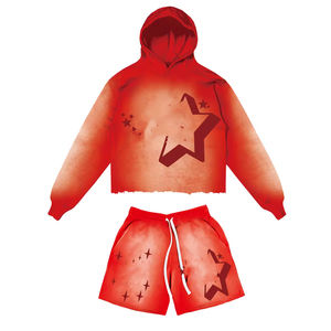 Conjunto de pantalones cortos y Sudadera con capucha recortada lavada ácida de dos piezas personalizada para hombre 100% algodón al por mayor conjuntos de pantalones cortos transpirables de talla Regular para hombre - Product Image 4