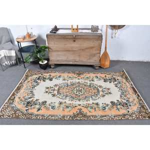 Tapis turc classique Vintage Beige Orange Patchwork Design 3.7x6.8ft grande surface en laine avec support en Latex pour chambre à coucher - Product Image 2