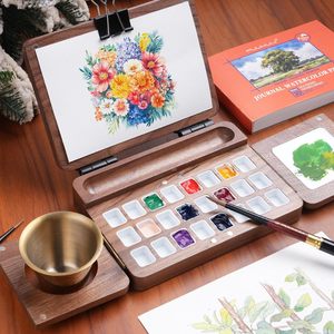 Boîte de <span class=keywords><strong>palette</strong></span> de peinture pliable en <span class=keywords><strong>bois</strong></span> de noyer gravée à 24 compartiments, <span class=keywords><strong>petite</strong></span> <span class=keywords><strong>palette</strong></span> d'aquarelle pour peinture à l'air - Product Image 2