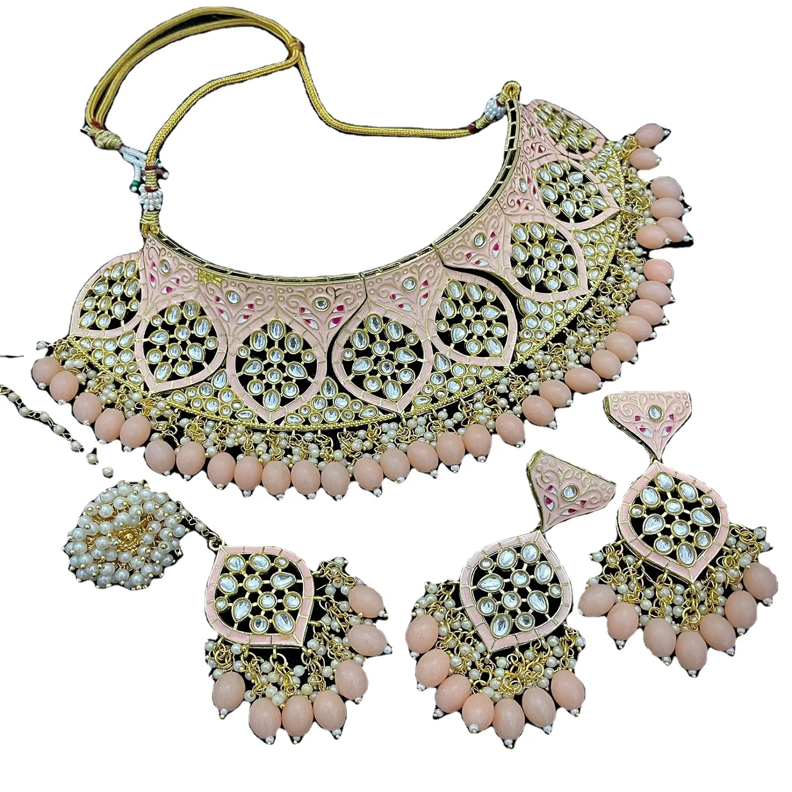 Conjunto de joias banhadas a ouro para mulheres, colar com desenho de pérolas e flores fofas, design clássico unissex para casamentos e noivados