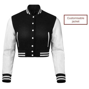 Veste universitaire recadrée personnalisable pour femmes manches en cuir en laine rempli de coton imprimé Satin Logo personnalisé broderie automne - Product Image 1