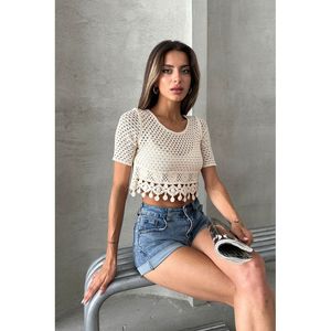 Blusa de encaje con borlas y dobladillo sin rematar 100% algodón color crudo natural para mujer Topshow, ajuste estándar al por mayor - Product Image 1