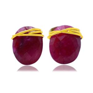 Boucles d'oreilles ovales en rubis faites à la main, enroulées autour de fils, 8-10 mm, en laiton et argent, bijoux en pierres précieuses, cadeau - Product Image 1