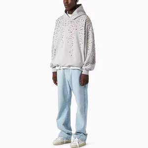 Sudaderas con capucha desgastadas bordadas con apliques personalizados, chaqueta con cremallera de diamantes de imitación, lavado ácido, Vintage, lavado, ropa informal de lana para hombres, Sudadera con capucha - Product Image 4