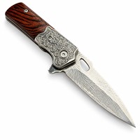 Couteau pliant Thunder en acier Damas, manche rouge, étui à motif plume, EDC, portable, pour camping, chasse, randonnée, kit d'outils de survie