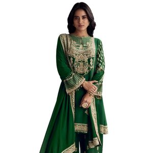 Verde scuro stampato crêpe Palazzo vestito con scollatura buco della serratura all'ingrosso donna abbigliamento etnico OEM fabbrica fornitore alla rinfusa - Product Image 3