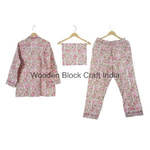 Women's Breathable Cotton Block Print Pajama <b>Set</b> Floral <b>PJ</b> for All Seasons-Nightwear/Nightsuit for Spring Summer Autumn Winter - Product Image 4