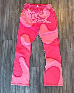 Pantalon de jogging unisexe en molleton uni, patchwork, lourd, 100 % coton, automne, effet vieilli, délavé à l'acide, avec appliqué brodé, coupe évasée - Product Image 4