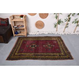 Vintage Classic Eco Friendly <b>Wool</b> Rug 4.1 X 5.6 ft <b>Red</b> Yellow Patchwork Handmade Abstract Medium Pile Dining Room Latex Backed - Product Image 1