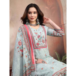 ชุดคุรตะผ้าจอร์เจตต์สีฟ้าสำหรับผู้หญิง พร้อมกางเกงปาลาซโซ่และผ้าคลุมไหล่ สไตล์ปากีสถาน ชุดสัลวาร์ คามีซสำเร็จรูป - Product Image 5