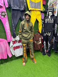 Écusson de broderie 3D personnalisé et sweat-shirt à impression bouffante pour hommes grande taille Streetwear Sun Faded Acid Washed Hoodie et pantalon évasé - Product Image 2