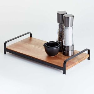 Base rectangulaire en bois de haute qualité avec support en fer noir mat en métal Plateau de service pour ustensiles de cuisine - Product Image 3