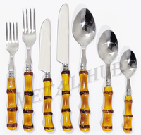 Ensemble de couverts en argent brillant durable avec manche en bambou résineux, vaisselle élégante pour les fêtes, la maison, les restaurants et la restauration
