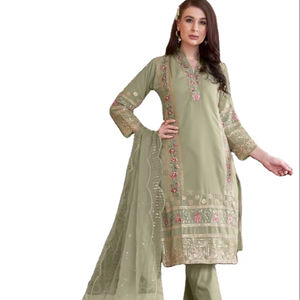 Nuevo bordado pesado con perlas hermosa seda Salwar Kameez con Pantalones rectos enseñables y Dupatta elegante - Product Image 1