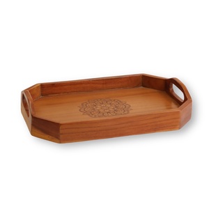 Plateau de service octogonal en teck fait main avec poignées |   Plateau de table basse en bois décoratif avec incrustation de mandala - Product Image 1