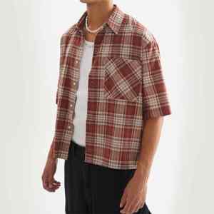Short Sleeve Plaid Cotton <b>Shirt</b> for <b>Men</b> Checked Drop Shoulder Cropped Button Up Casual Summer <b>Shirt</b> - Product Image 4