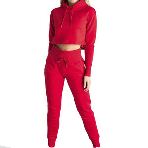 Women <b>Red</b> Hooded <b>Crop</b> Sweatshirt Set Full Sleeve Breathable Lined Knitted Cotton Jogger Pants Solid Color Summer Casual Wear - Product Image 1