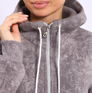 Sudadera con Capucha para Mujer, Tejida, Gris, Ecológica, Estilo Vintage, Lavada, con Cierre Completo, Bolsillo Tipo Canguro, Informal, Cálida, para Otoño - Product Image 3