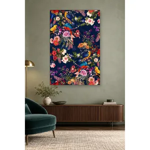 Impression sur toile de perroquets et de fleurs sur fond bleu marine - Product Image 1