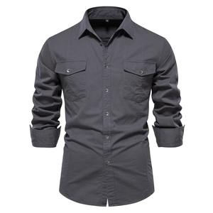 Chemise à poche pour homme en coton 100% style automne, couleur unie, coupe slim, décontractée, manches longues - Product Image 4