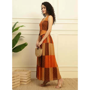 Deebaco Ensemble coordonné 2 pièces en coton pour femme, style bohème, haut sans manches à col en V imprimé à carreaux avec jupe longue, coupe ample, printemps-été - Product Image 2