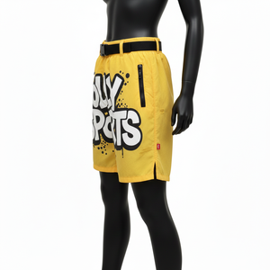 กางเกงขาสั้นผู้หญิงผ้าไนลอนผสมสแปนเด็กซ์เนื้อนุ่ม 210 GSM สีเหลืองซันไชน์ น้ำหนักเบา มีกระเป๋าซิป แต่งลายปักโลโก้ตามสั่ง - Product Image 3