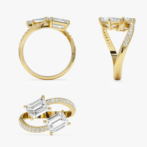 Anillo de Boda Moderno con Doble Piedra, Estilo Bypass, con Dos Diamantes Talla Esmeralda en Oro Amarillo de 18K, Anillo de Diamantes de Laboratorio - Product Image 5