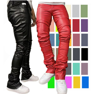 OEM Custom Logo <b>Mens</b> PU Leather Skinny Fit <b>Elastic</b> Fashion <b>Trousers</b> Motorcycle Pants Thin Streetwear Leather Stacked Flare Pants - Product Image 1