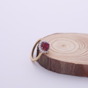 IGI Certified Cushion Cut Ruby Halo Diamond <b>Ring</b> in 14K Yellow / White & Rose Gold - Product Image 6