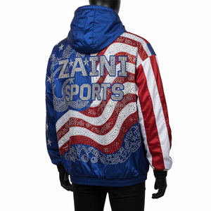 แจ็กเก็ตกันลมโพลีเอสเตอร์180 GSM พร้อมพลอยเทียมสำหรับผู้ชายแจ็คเก็ตกันลมสีแดงสีขาวฟ้า - Product Image 4