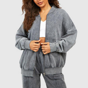 Conjuntos de 2 piezas para mujer 2025, conjunto de bombardero con cremallera de pierna recta larga lavada con ácido para mujer, Tops de algodón Vintage lavado de tendencia - Product Image 5