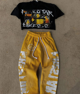 Conjunto de algodón de gran tamaño personalizado DTG estampado ácido lavado Flare pantalones de chándal camiseta conjunto para hombres - Product Image 2