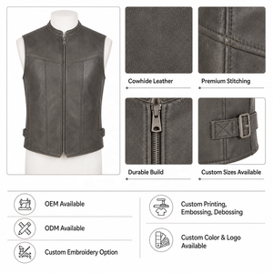 Custom <b>Men's</b> <b>Leather</b>/Polyester/Cotton Western Vest Sleeveless V Neck Casual <b>Waistcoat</b> Stand Collar Zipper Closure Summer - Product Image 2