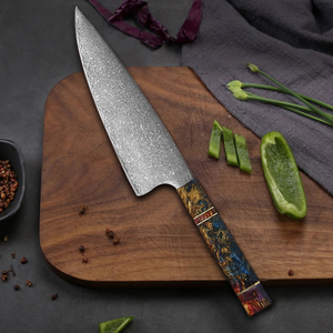 Venta al por mayor personalizado OEM ODM cubertería fábrica profesional Damasco acero Chef cuchillo de cocina con mango de madera estabilizado hoja fija - Product Image 5