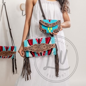 Sac à bandoulière à franges multicolores en cuir aztèque véritable usiné de style occidental Sac à main de couverture de selle usiné nouvelle arrivée vente chaude - Product Image 6