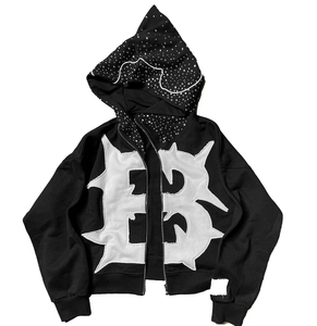 Custom Distressed Patch Embroidery Vintage Aged Applique Stitching 500gsm 100% Cotton Winter Men Hooded Rhinestone Hoodie - Product Image 3