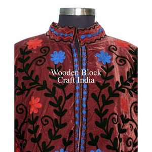 Trending Handmade Suzani Embroidery Knitted Cotton Velvet Winter Short <b>Quilted</b> <b>Jacket</b> for Women with Stripe Design - Product Image 4