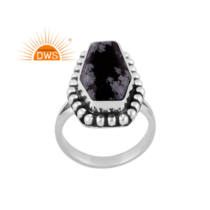 Meilleure vente Flocon de neige en argent sterling oxydé Obsidienne Gemme Cercueil Design Bague empilable Fabricant de bijoux personnalisé - Product Image 1