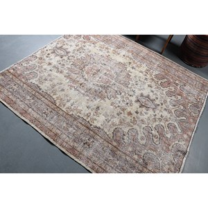 Alfombra turca vintage clásica, beige, marrón, 5,8x6,4 pies, material de lana de área grande, patrón de retazos para dormitorio, pasillo, látex lateral - Product Image 4