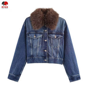 Veste en jean pour femme, style moderne et décontracté, couture de haute qualité, prix de gros, veste en jean avec col en fourrure - Product Image 1