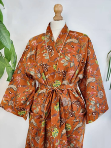 Bata Floral con estampado de algodón puro Kimono estampado a mano informal suave de verano y primavera para maternidad y encubrimiento para Otoño e Invierno - Product Image 4