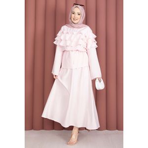 Ensemble jupe rose à volants superposés en tissu crêpe XS-XXL, tenue d'été 2 pièces avec short - Product Image 4