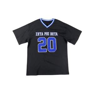 Zeta Phi Beta surdimensionné Chenille Football Jersey Tee noir 100% Polyester brodé Logos col en V Double manches rayées - Product Image 3