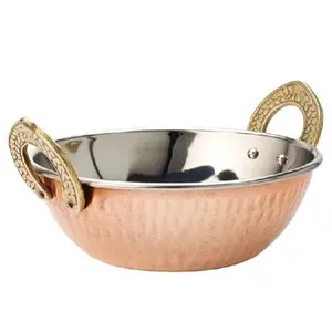 Food Serving Copper Bowl with Brass Handle New Design Handmade Tabletop Dinnerware Bowl with Hammered Design