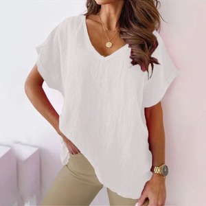 Camisetas de primera calidad, Camiseta de algodón, camisetas de manga corta para mujer, camisetas holgadas de verano de Color sólido con cuello en V, color blanco - Product Image 2