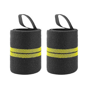 Muñequeras negras de Venta caliente con diseño de dos rayas amarillas, muñequera de elevación para entrenamiento físico, entrenamiento de gimnasio - Product Image 2