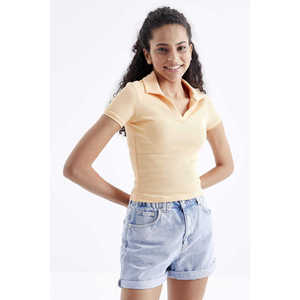 Tommylife Vente en gros T-shirt court basique à col polo et manches courtes pour femme - 97208 - MELON - Product Image 1