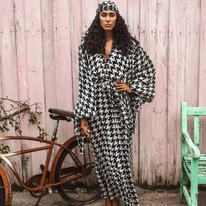 <b>White</b> and Black Printed Beach Coverup with Balloon sleeves in Lightweight fabric - Product Image 1