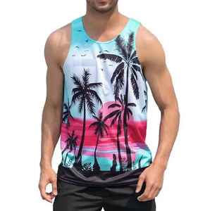 Débardeur sans manches pour homme à imprimé palmiers tropicaux, col rond, respirant, tricoté, décontracté, pour l'été - Product Image 1