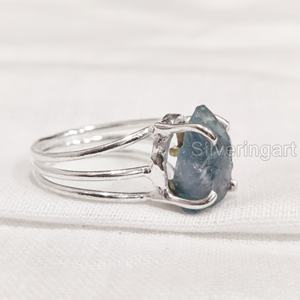Anillo de Plata de Ley 925 con Apatita Azul Natural en Bruto para Mujer, Anillo de Banda Lisa de 3 mm, Joyería de Piedra Natural, para Navidad o Boda - Product Image 1